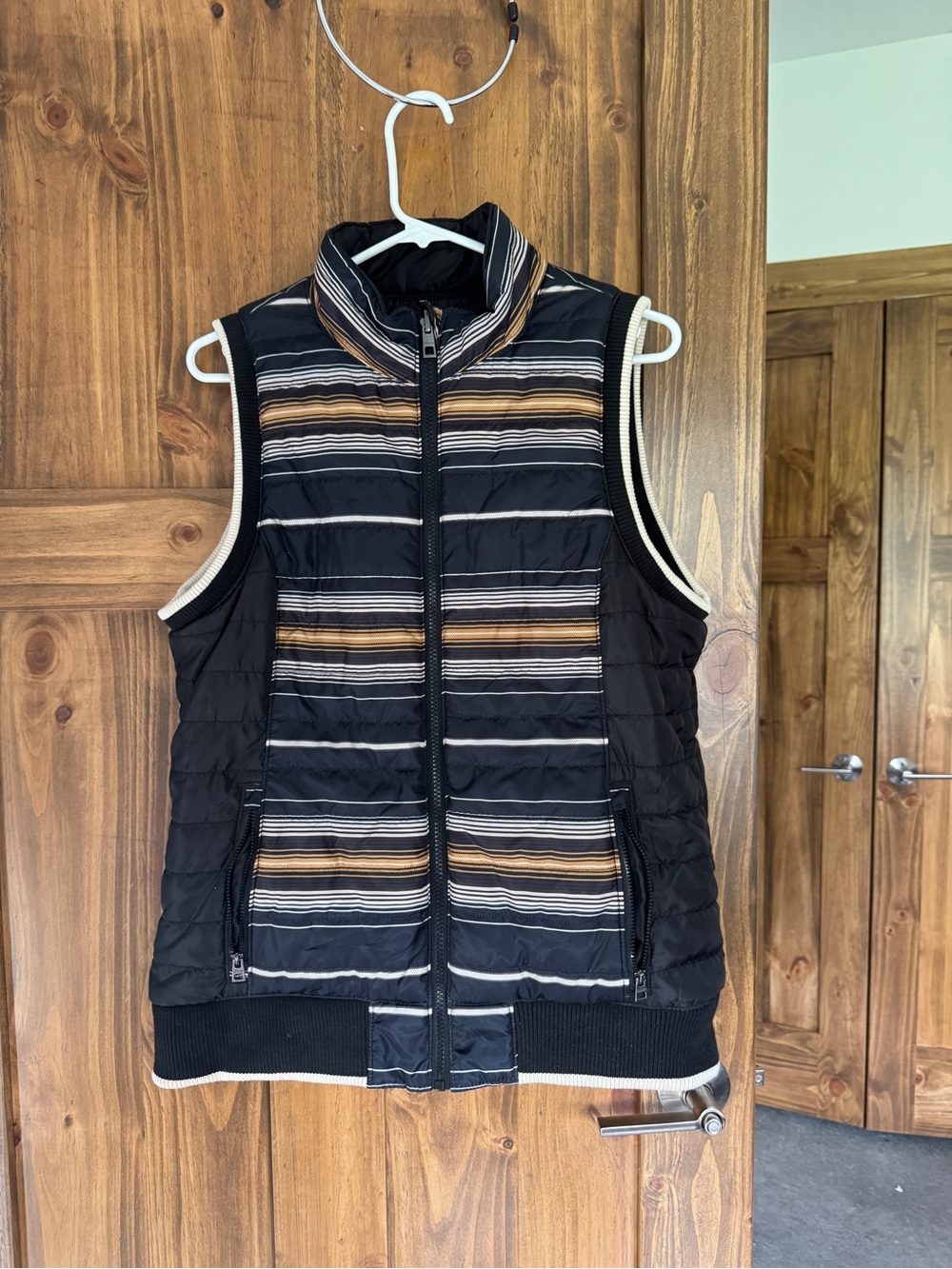 Striped Quilted Puffer Vest - Black with Tan & White Stripes